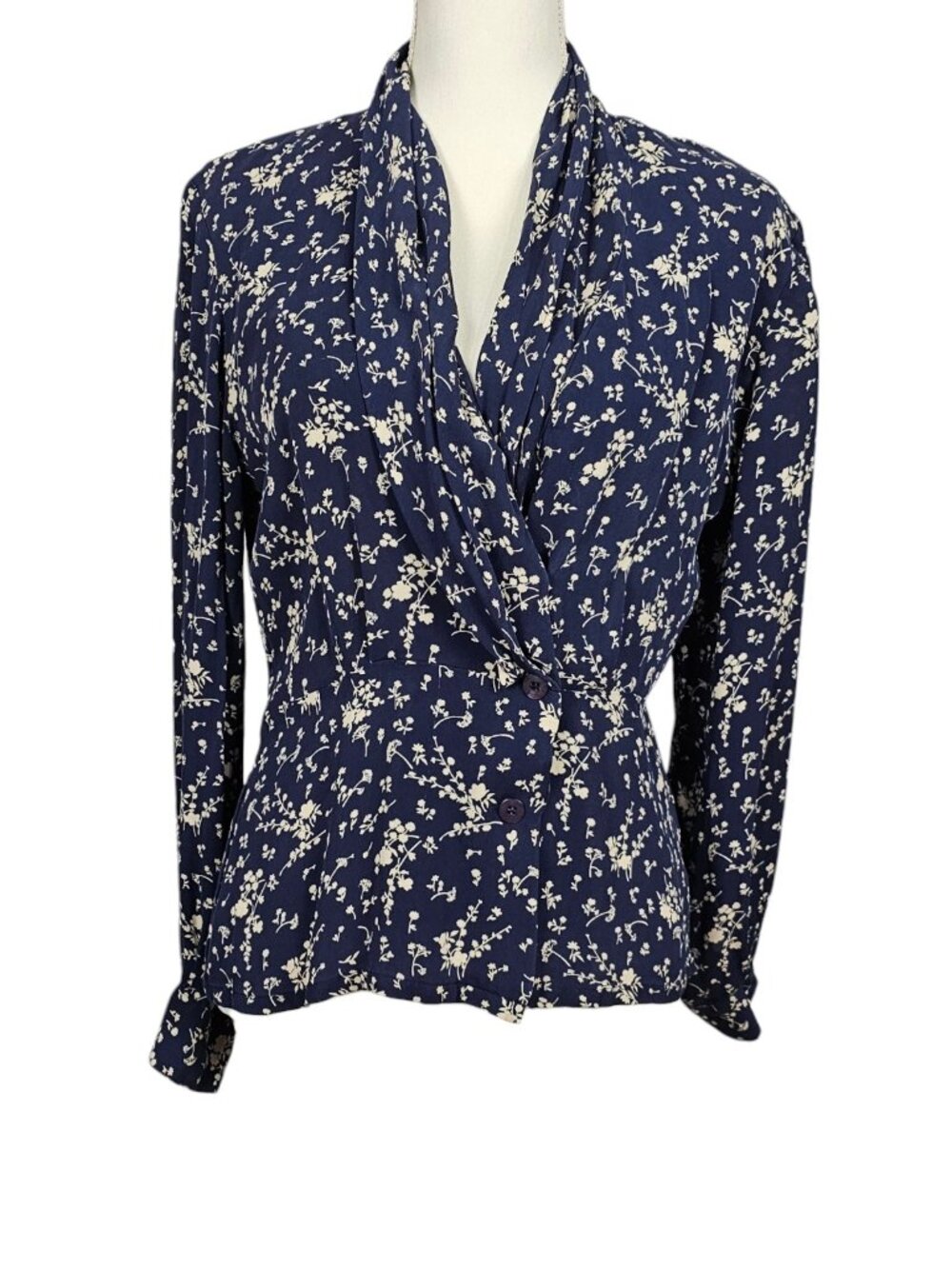 Dana Buchman Vintage Silk Navy Blue Micro Floral Faux Wrap Blouse Top Size 4